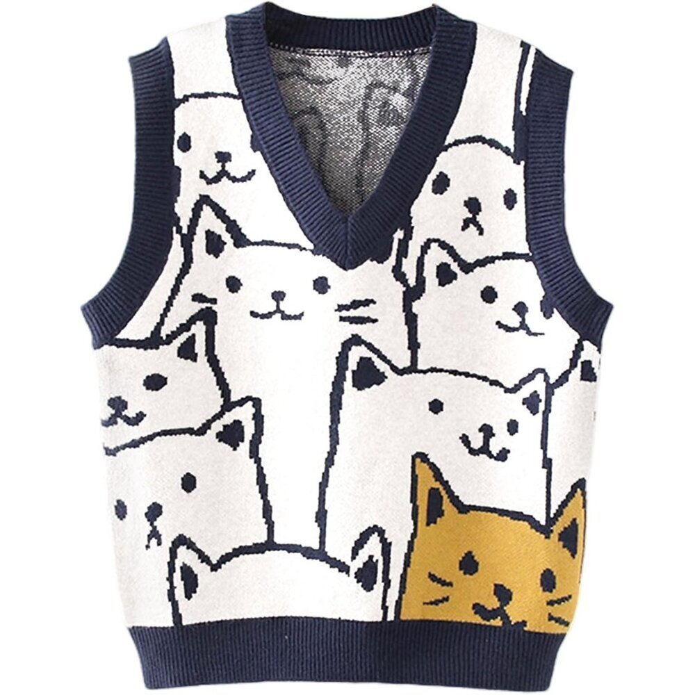 Womens Cats Print Knit Sweater Vest V Neck Sleeveless Tank Top Small